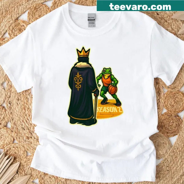 T-shirt featuring 'Frog Vs King' basketball showdown graphic