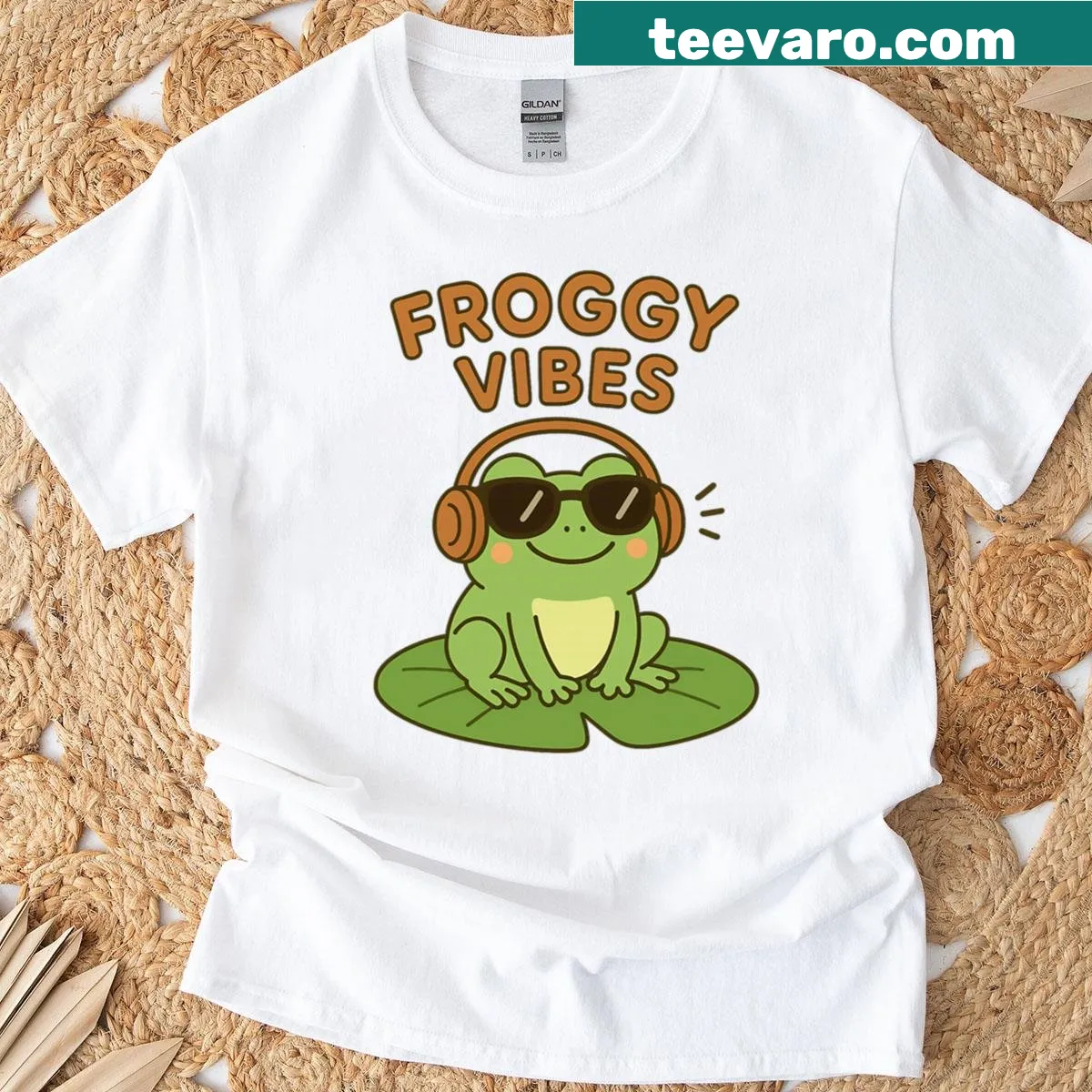 Cool frog with headphones design on a playful t-shirt — on a men's t-shirt