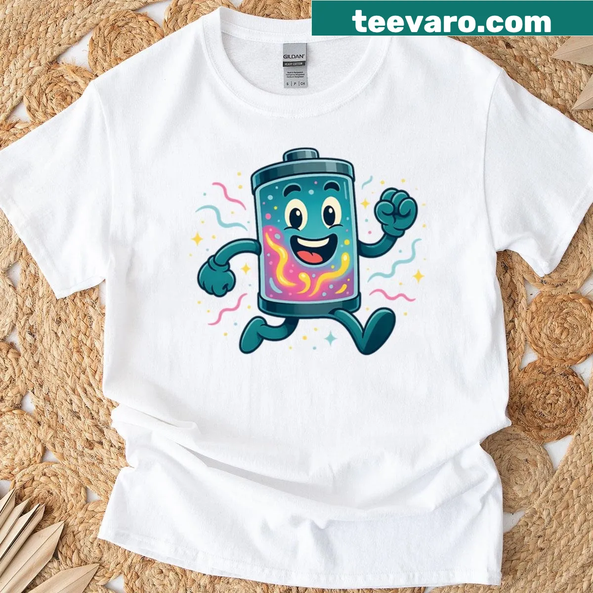 Energetic battery character graphic on a t-shirt — on a men's t-shirt
