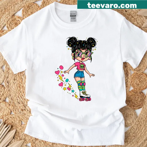 Retro girl on roller skates with rainbow sparkles graphic t-shirt