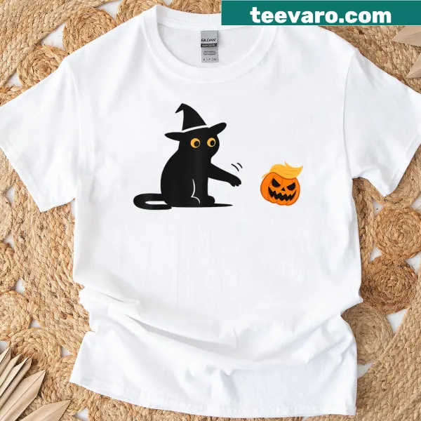 Funny Halloween shirt with black cat and pumpkin design