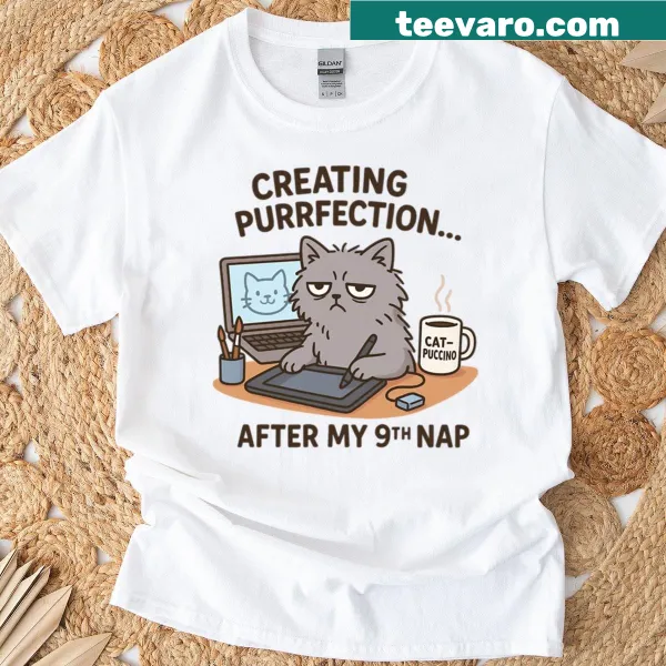 Humorous cat design proclaiming purrfection after napping