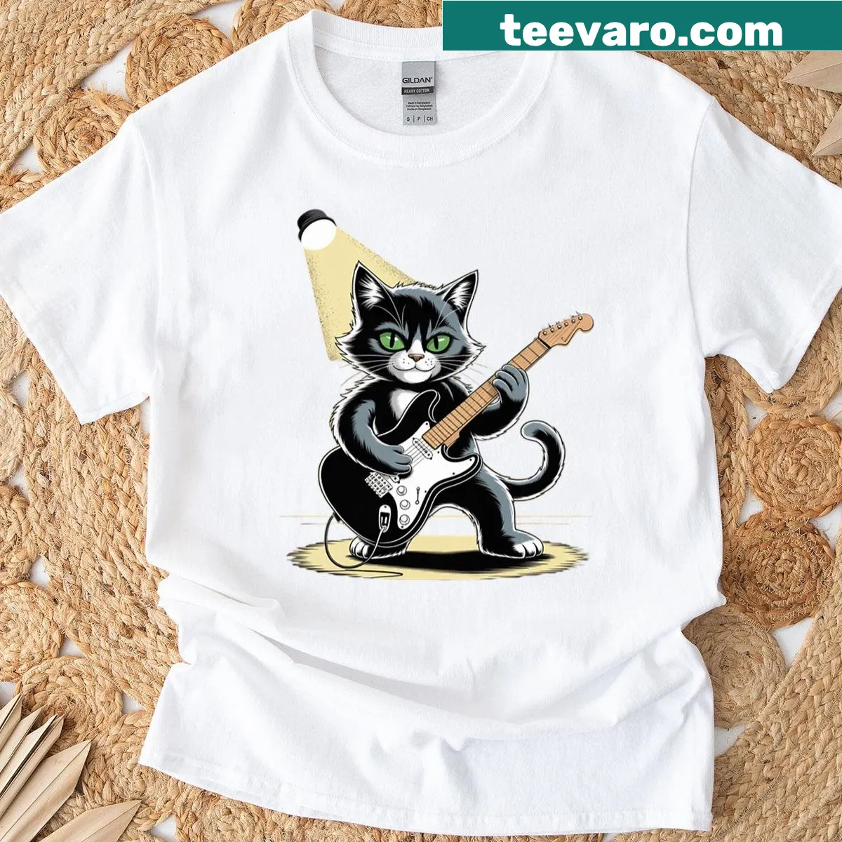 Funny cat playing guitar t-shirt for rock music lovers — on a men's t-shirt