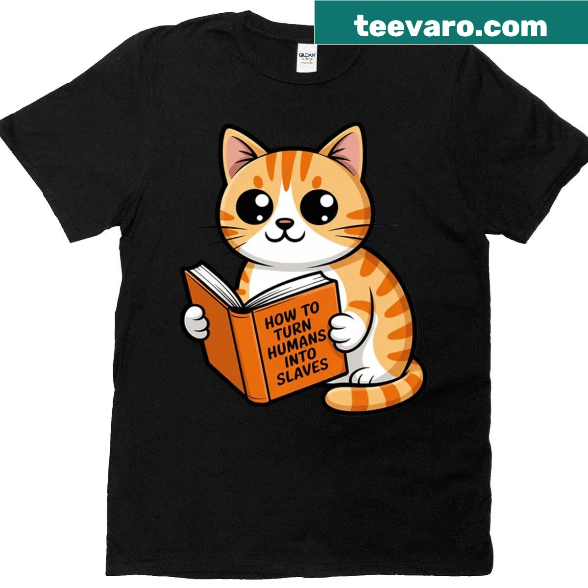 T-shirt with a funny illustration of a cat reading a book, promoting humor in literature. — on a men's t-shirt