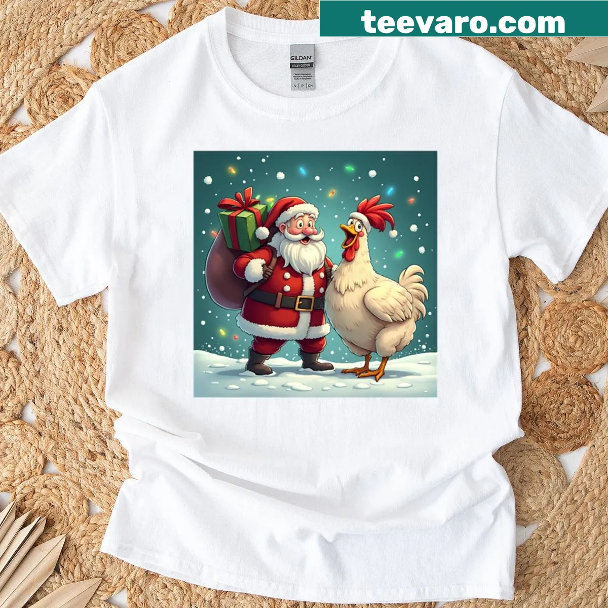 Humorous Christmas t-shirt with Santa Claus and chicken as best friends — on a men's t-shirt