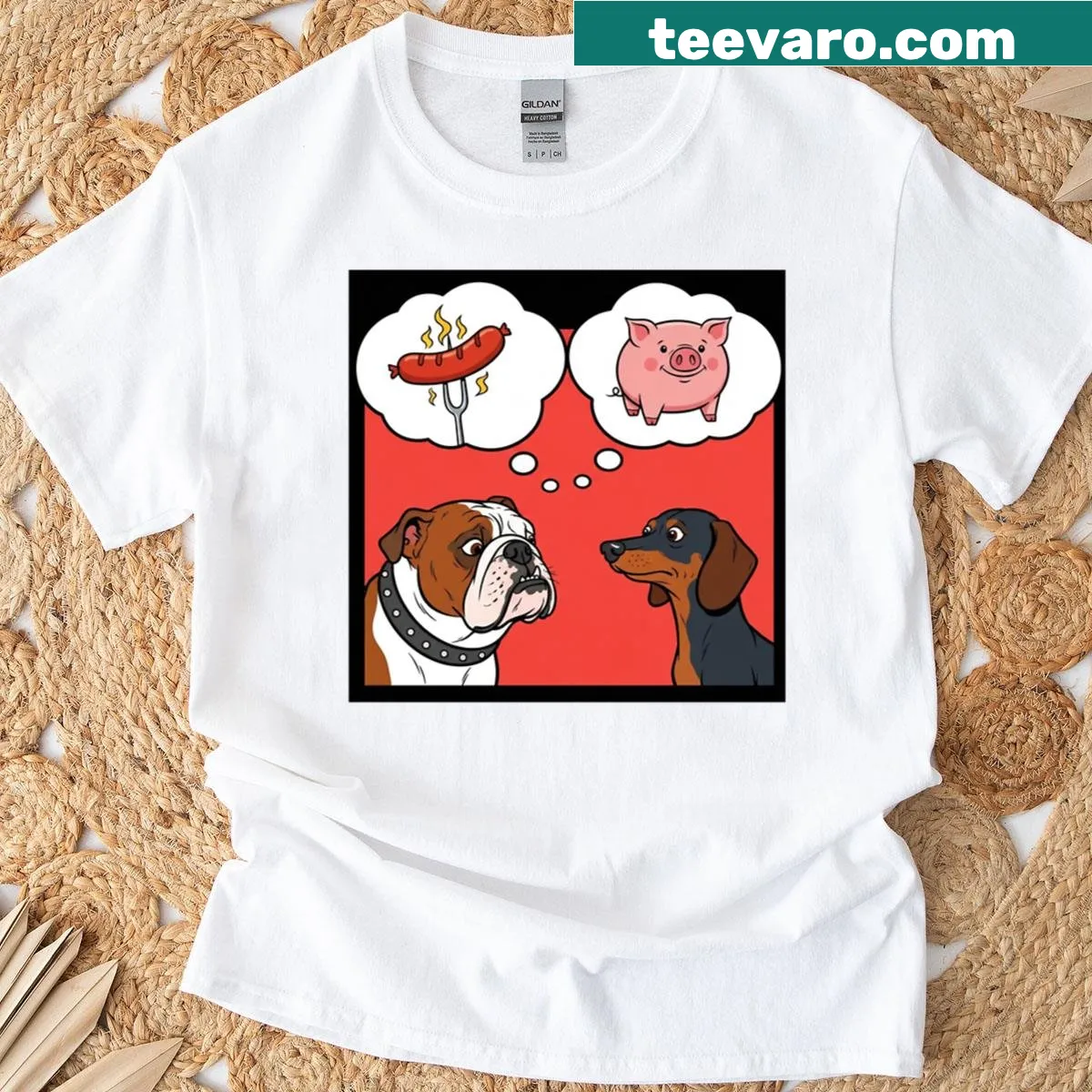 Cartoon T-shirt with a humorous dog showdown in thought bubbles. — on a men's t-shirt