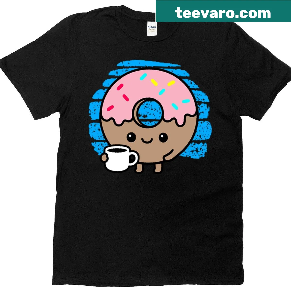 Kawaii donut drinking coffee design on oversized t-shirt — on a men's t-shirt
