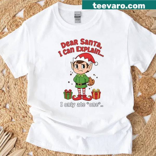 Funny Christmas Elf t-shirt with the text 'Dear Santa, I Can Explain'