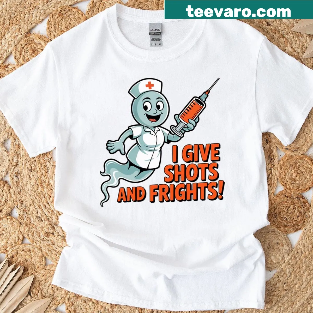 Cartoon T-shirt of a ghost nurse with syringes design. — on a men's t-shirt