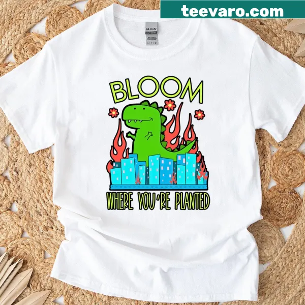 Cartoon Godzilla parody t-shirt with cute monster design and sarcastic text