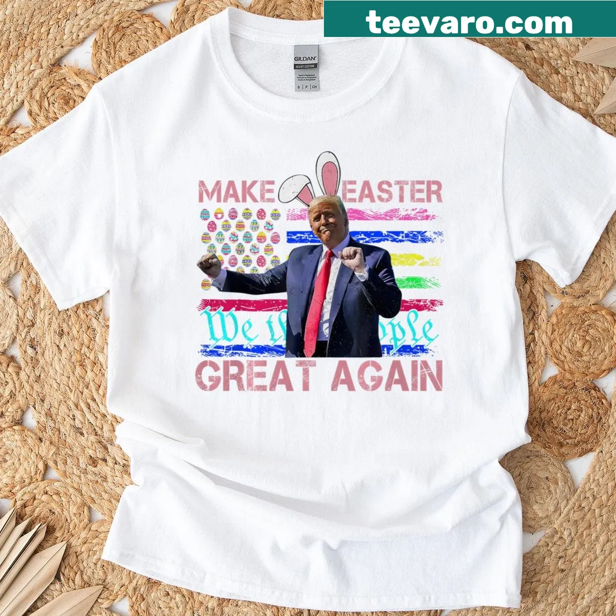 Funny Easter t-shirt with Trump dancing and USA flag — on a men's t-shirt