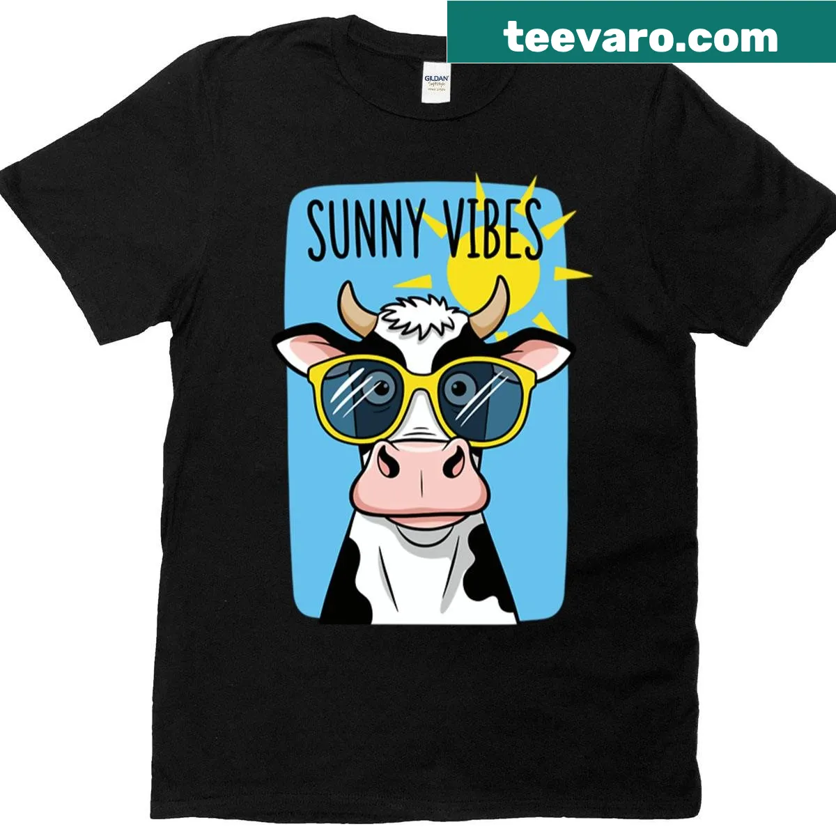Oversized T-shirt featuring a naive cow in sunglasses vector art — on a men's t-shirt