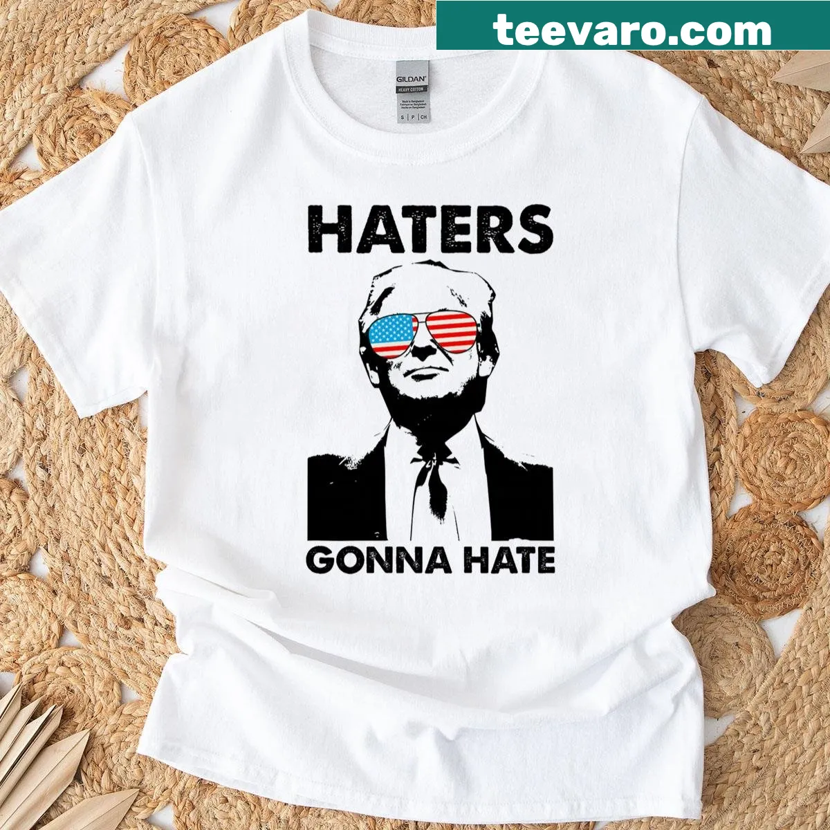 Funny Trump 2024 shirt with glasses and American flag graphics — on a men's t-shirt