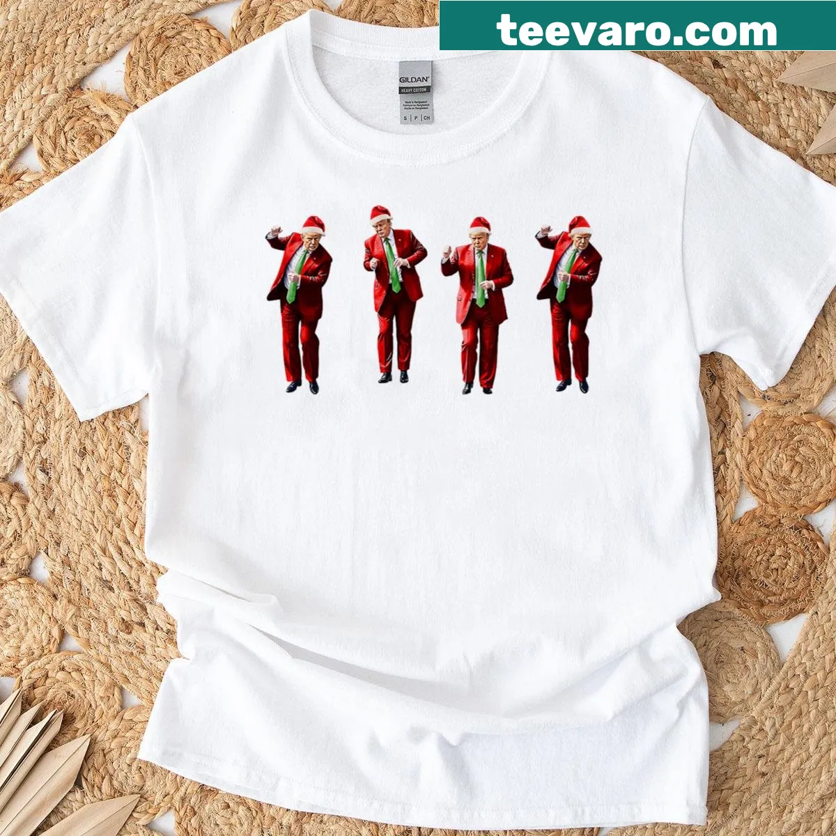 Funny Christmas shirt featuring dancing Santa and Trump — on a men's t-shirt