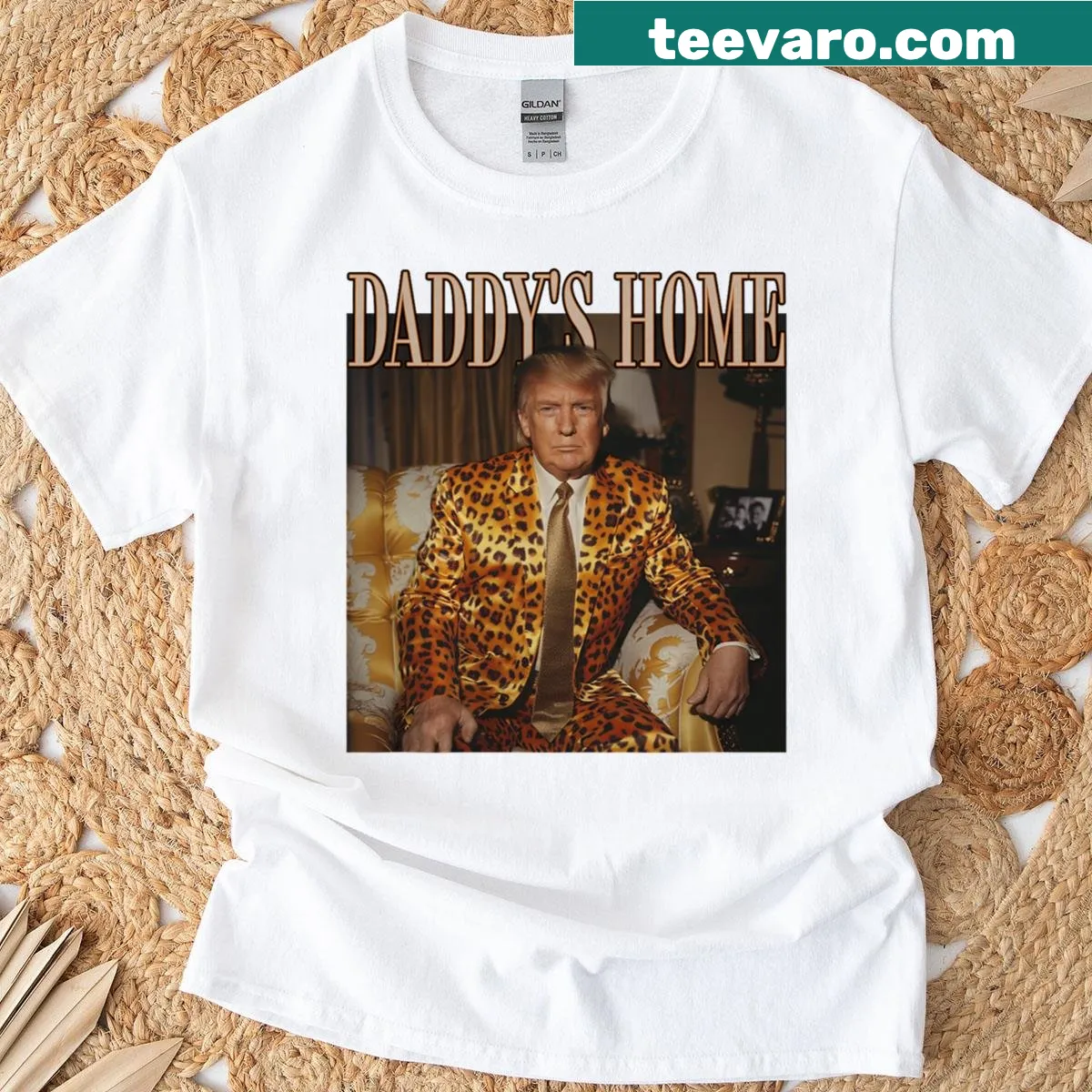 Trump 2024 themed t-shirt with leopard design and 'Daddy's Home' — on a men's t-shirt