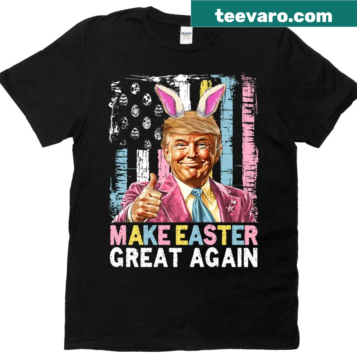 Funny Easter-themed t-shirt with a character resembling Trump and a bunny — on a men's t-shirt