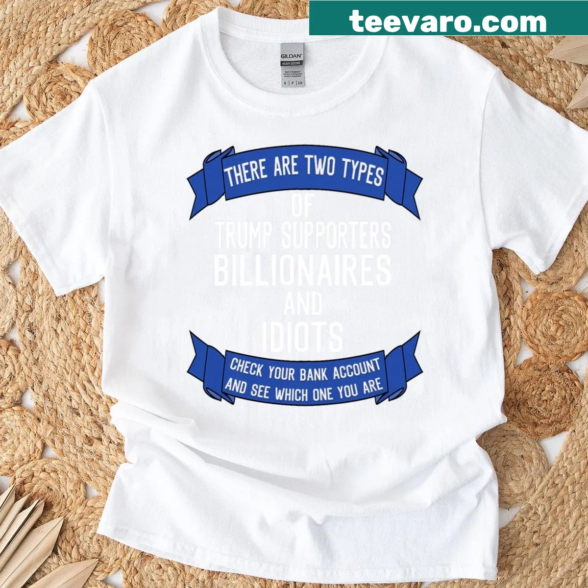 Humorous T-shirt featuring 'Idiots And Billionaires' text — on a men's t-shirt