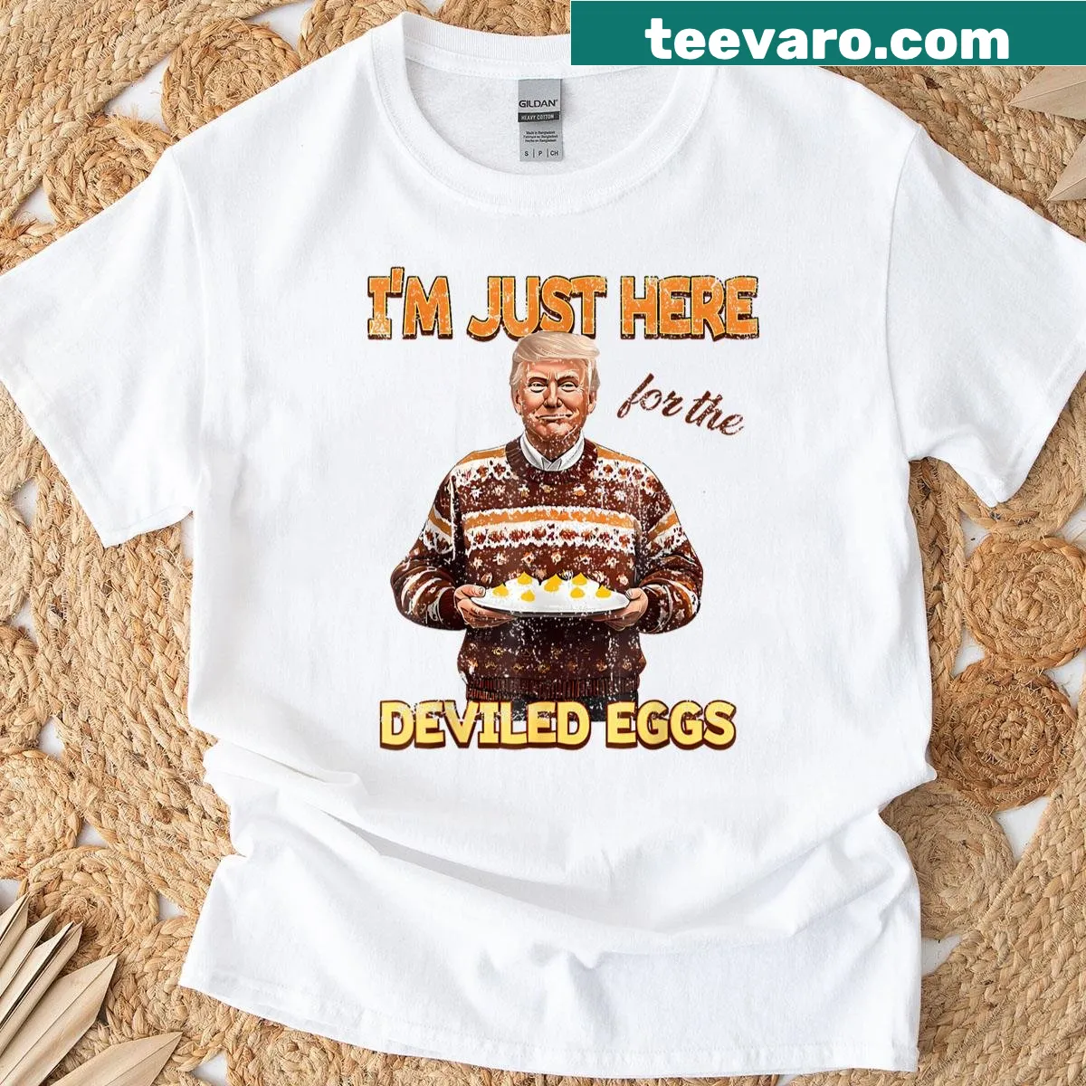 Funny Thanksgiving shirt featuring deviled eggs and Trump text — on a men's t-shirt