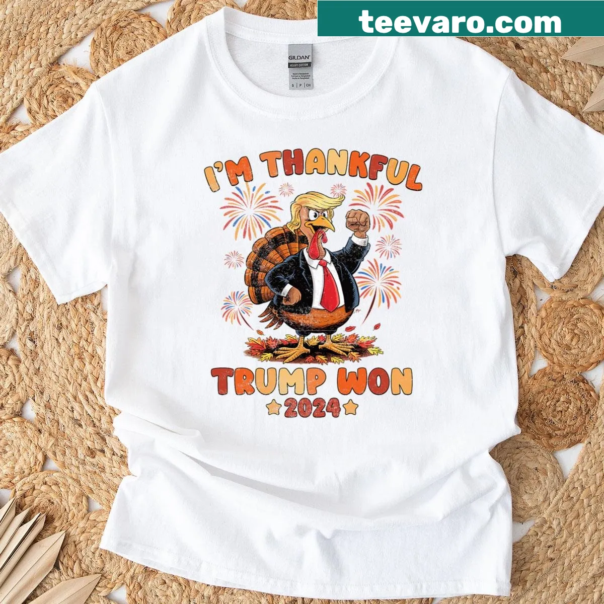 Humorous Thanksgiving shirt with Trump 2024 message — on a men's t-shirt