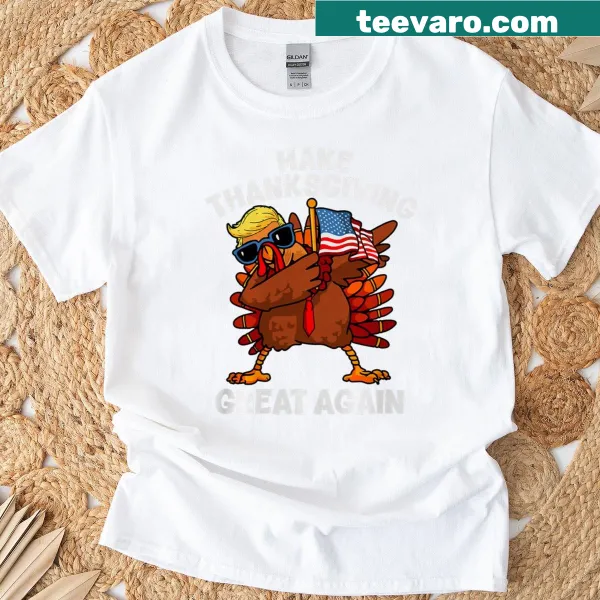 Thanksgiving T-shirt with cartoon turkey and slogan 'Make Thanksgiving Great Again'
