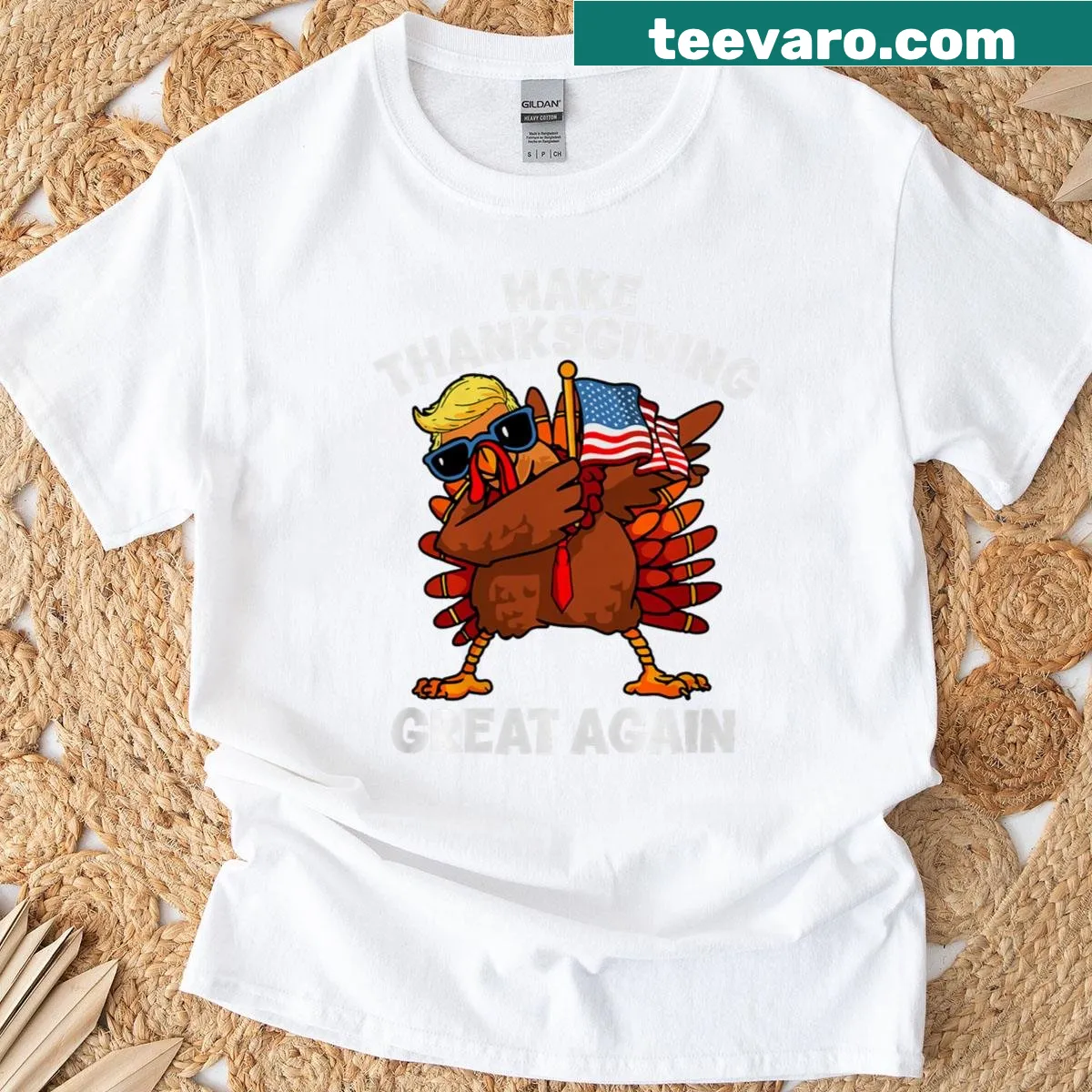 Thanksgiving T-shirt with cartoon turkey and slogan 'Make Thanksgiving Great Again' — on a men's t-shirt