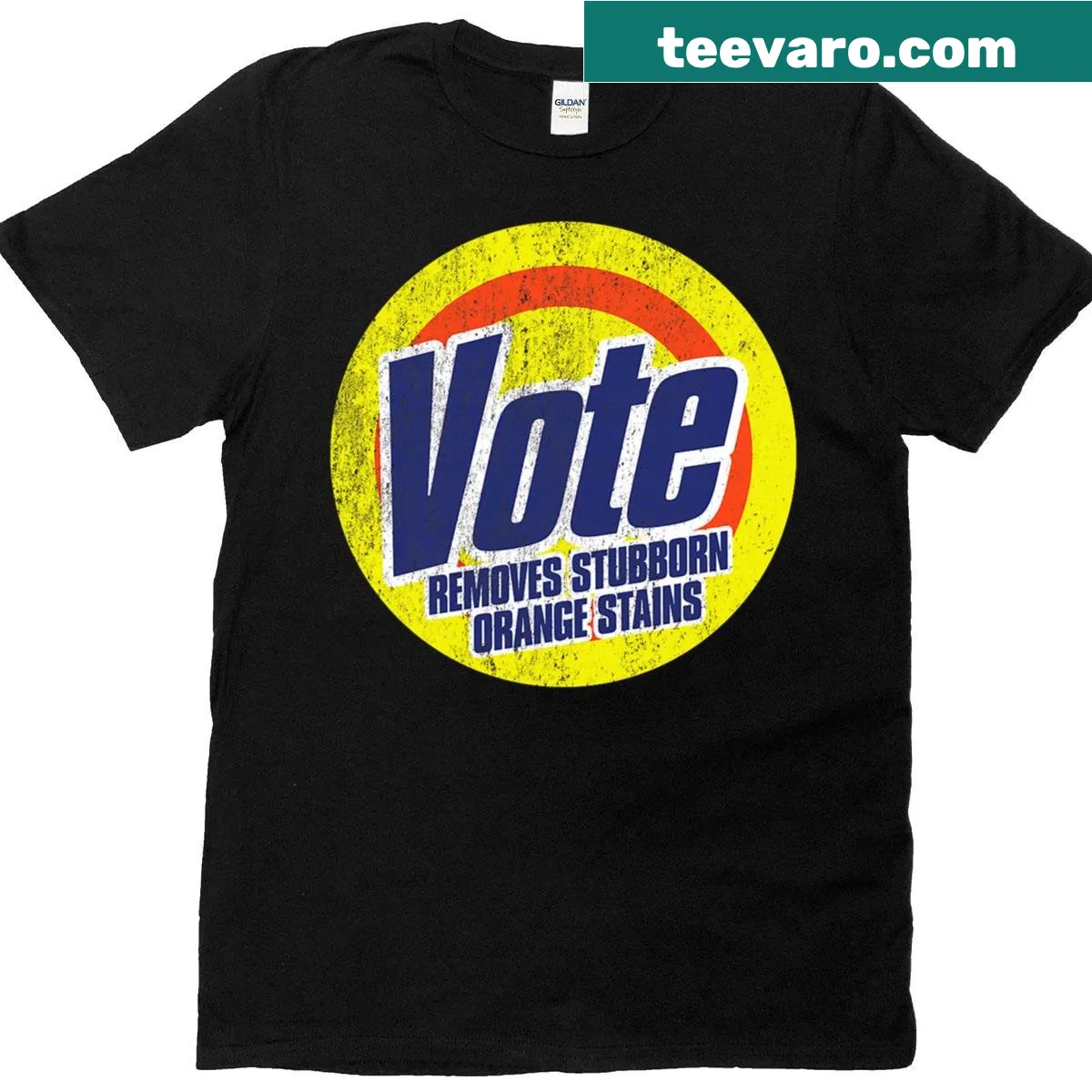 Anti-Trump t-shirt with bold text about voting and orange stains — on a men's t-shirt