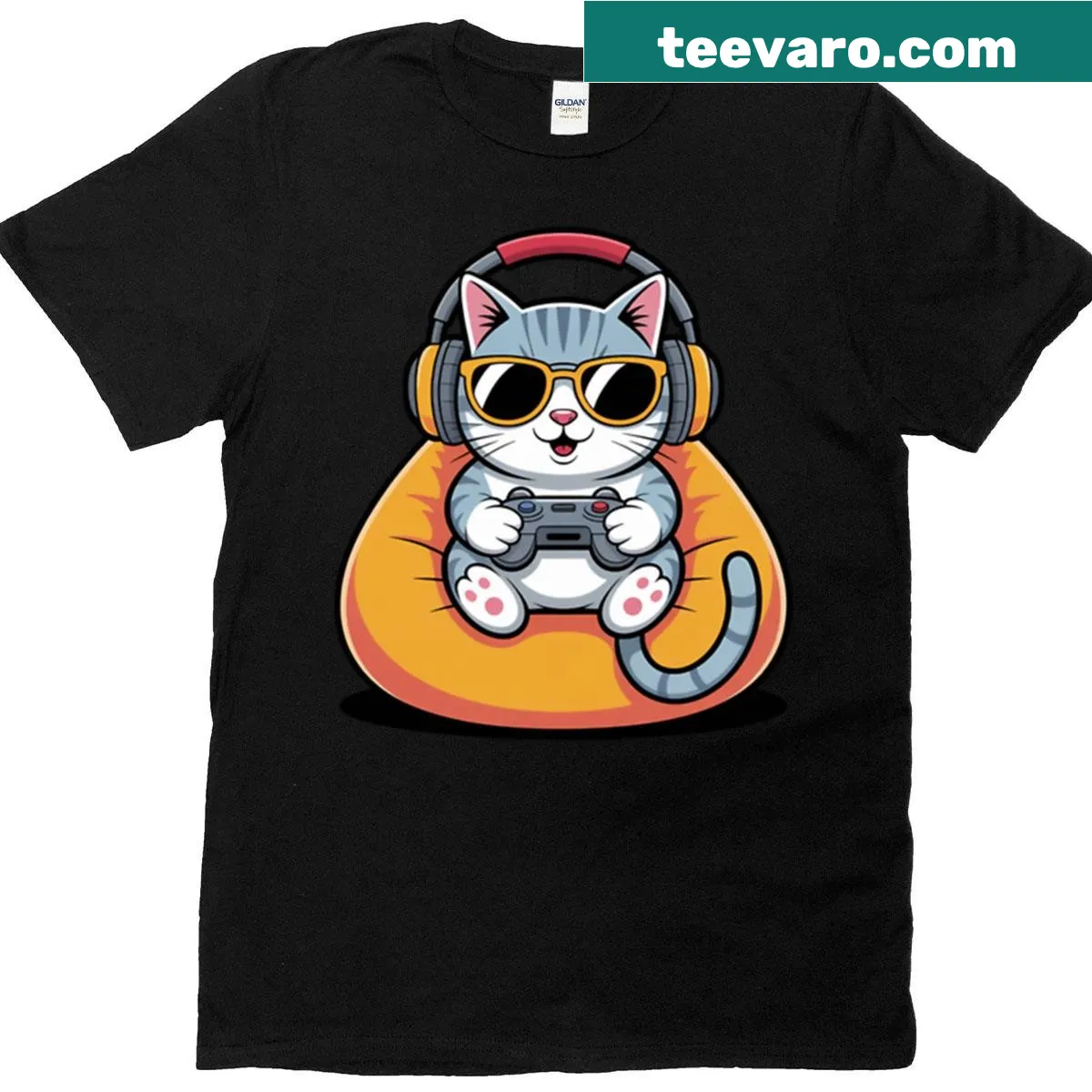 Cool cartoon cat with headphones in a gaming design t-shirt — on a men's t-shirt