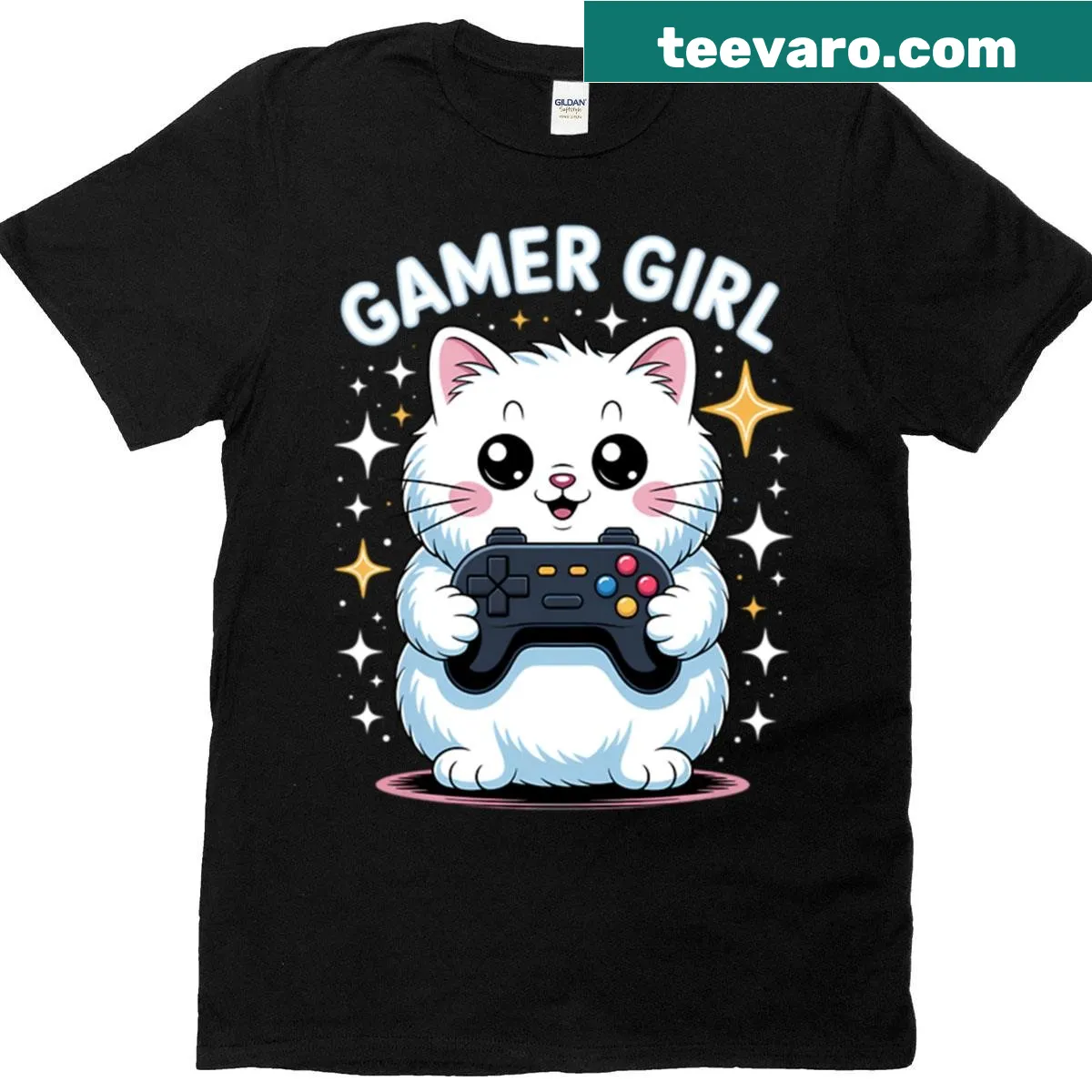 Cute gaming kitten illustration on a gamer girl t-shirt — on a men's t-shirt
