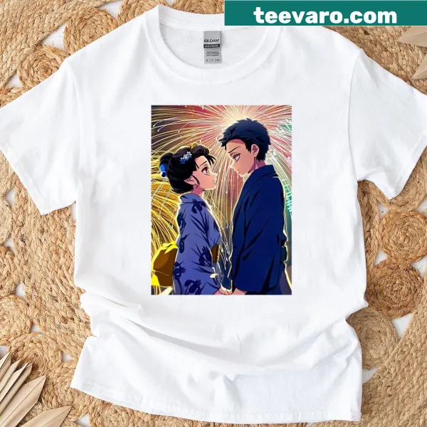 Illustrative shirt featuring Akaza and Koyuki under fireworks