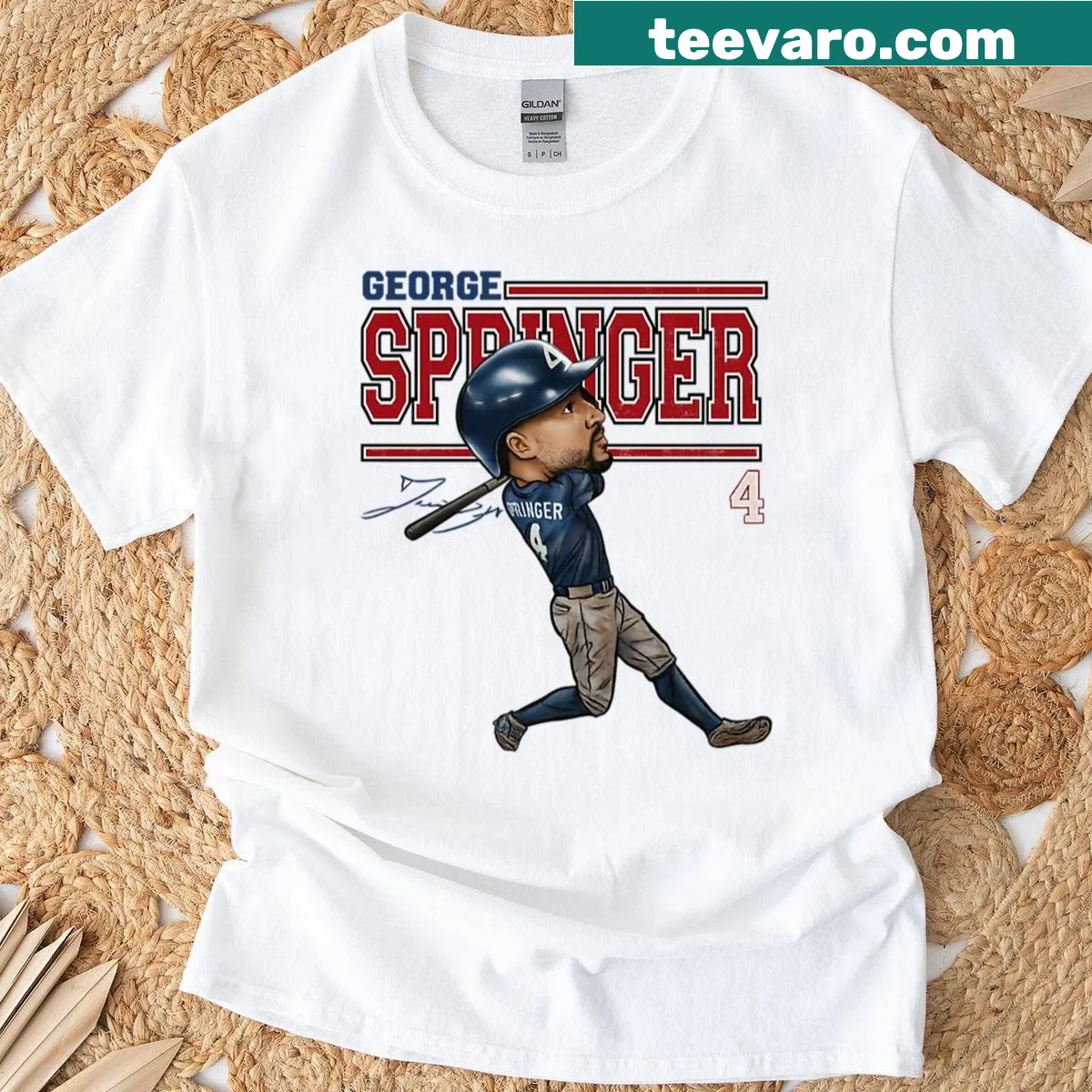 Cartoon caricature of George Springer in baseball attire — on a men's t-shirt