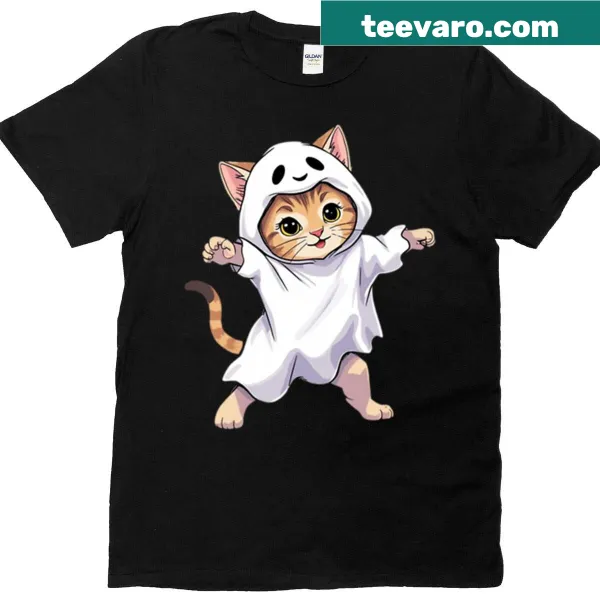 Halloween T-shirt featuring whimsical ghost cat design