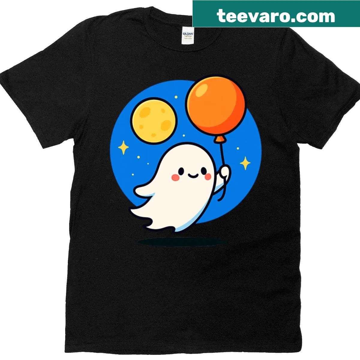 Kawaii ghost with orange balloon under the moon Halloween t-shirt — on a men's t-shirt
