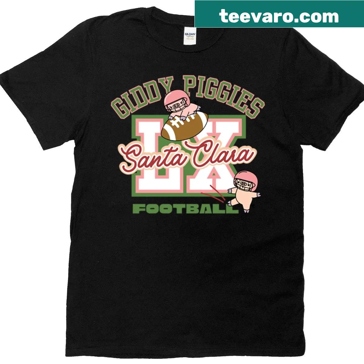 Playful pig graphic football t-shirt — on a men's t-shirt