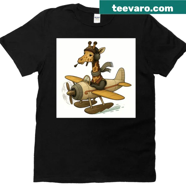 Whimsical giraffe aviator graphic on a T-shirt