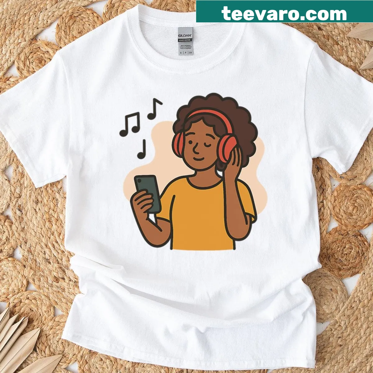 Cartoon girl with headset playing music in a fun pose — on a men's t-shirt