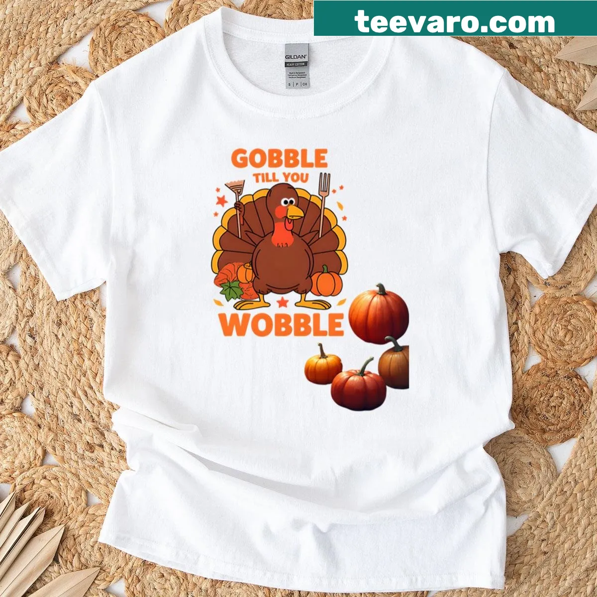 Funny Thanksgiving t-shirt with a cartoon turkey and humorous text — on a men's t-shirt
