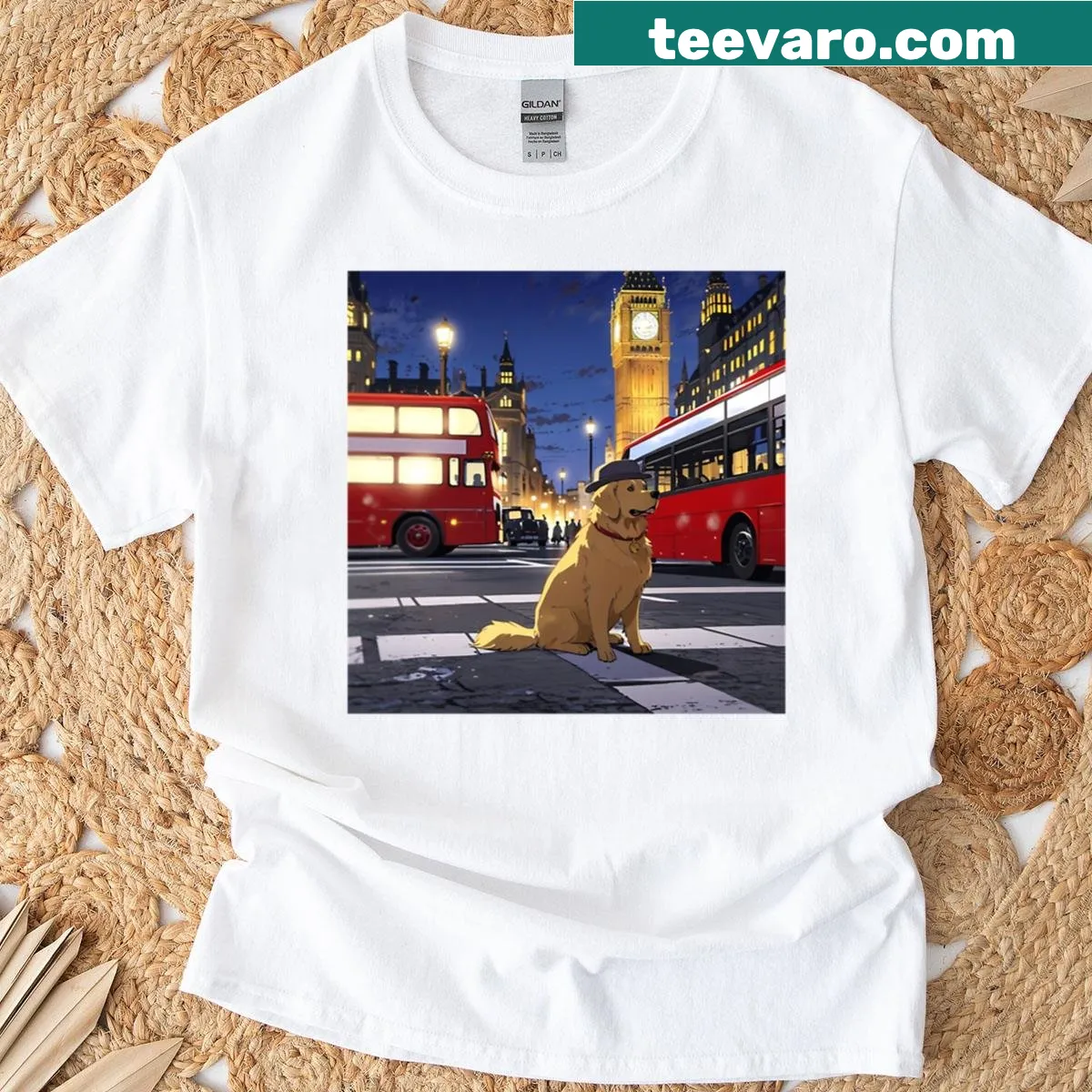 Golden retriever wearing a bowler hat with London icons — on a men's t-shirt