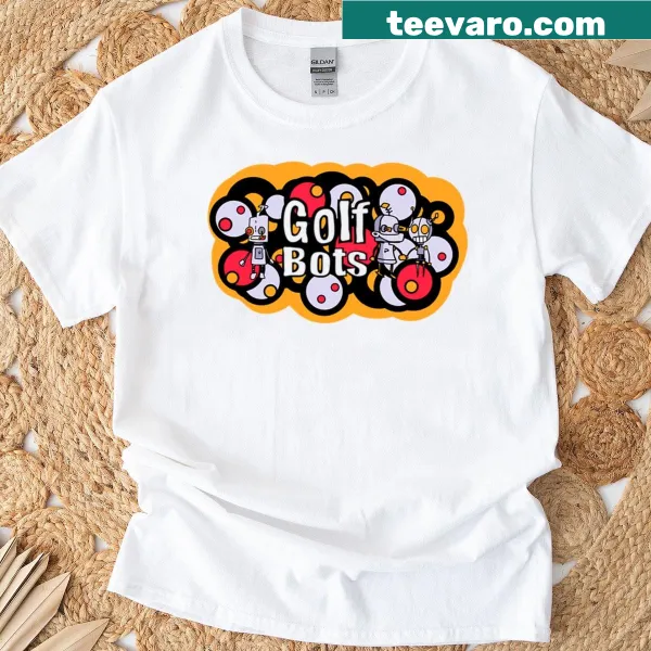 Playful t-shirt featuring cartoon golf bots in action
