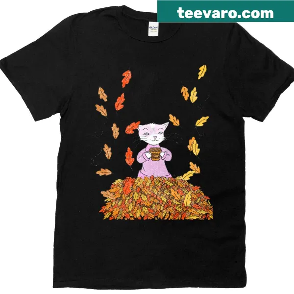 Illustrated cat surrounded by autumn leaves on a t-shirt