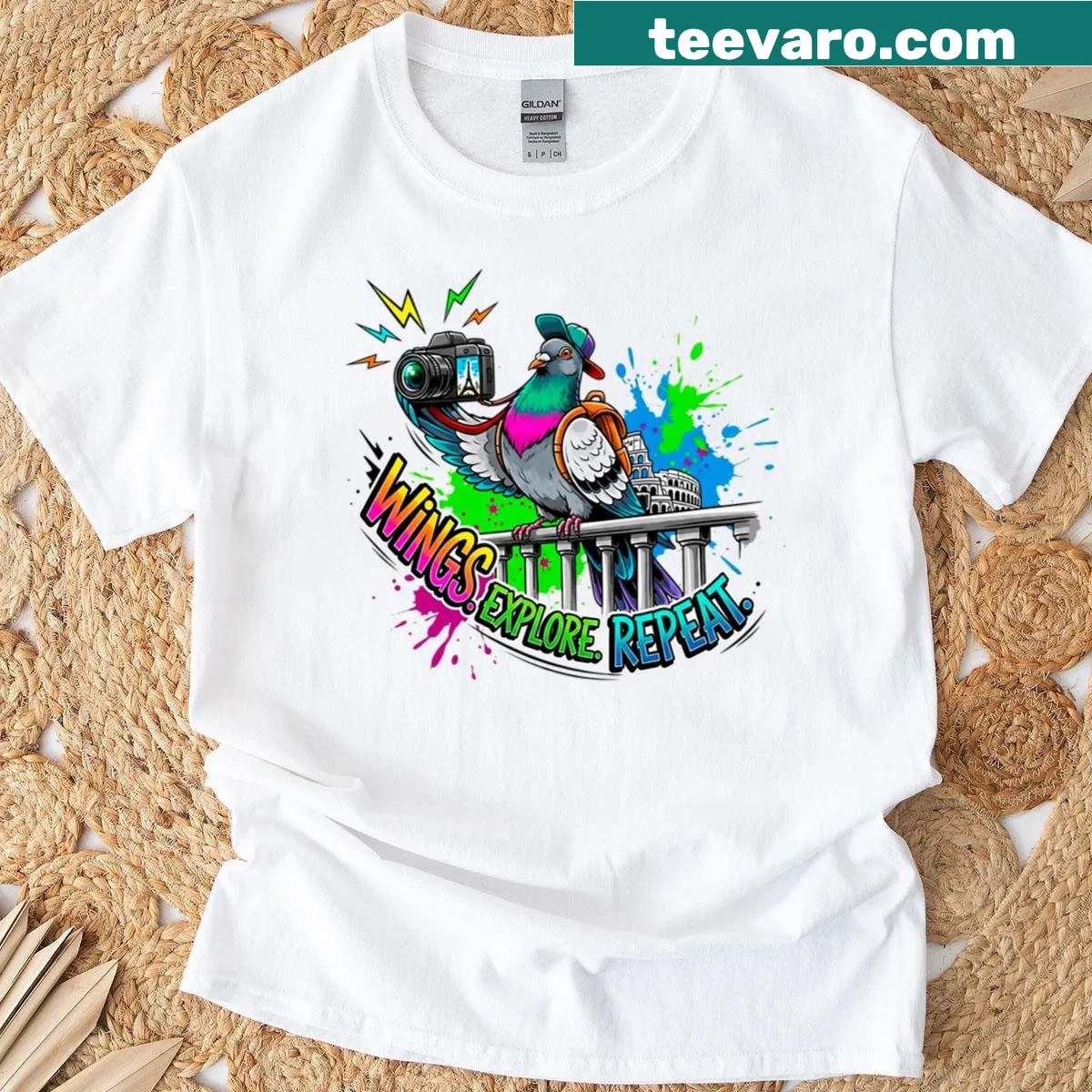 Graffiti-style pigeon graphic on a shirt — on a men's t-shirt
