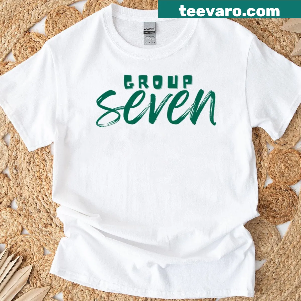 Funny cartoon design featuring the phrase 'Group Seven' on a t-shirt — on a men's t-shirt