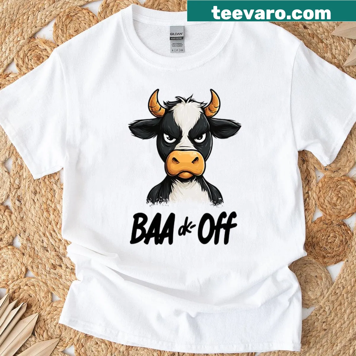 Cartoon grumpy cow graphic on a shirt — on a men's t-shirt