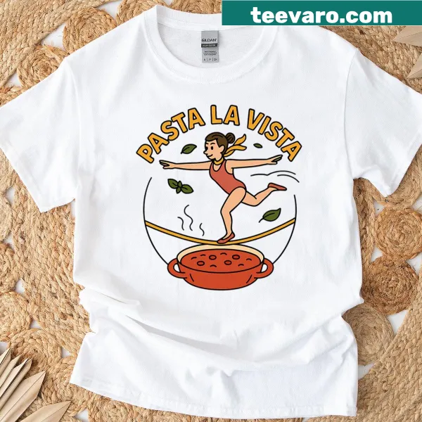 Cartoon spaghetti tightrope gymnast with sauce and basil design