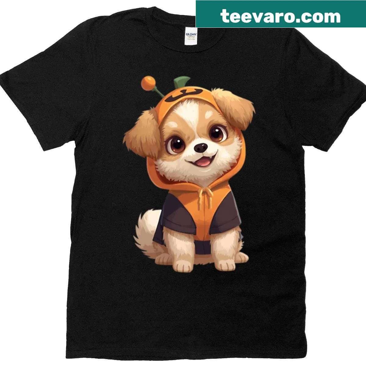 Cartoon dog in a pumpkin costume on a Halloween-themed shirt. — on a men's t-shirt