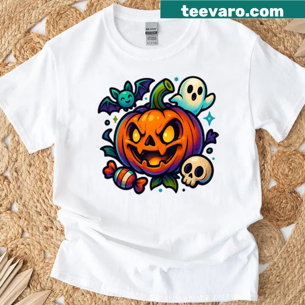 Cute Halloween shirt with pumpkin and ghost tattoo art