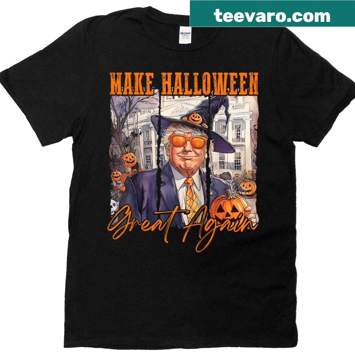 Halloween pumpkin Trump graphic raglan baseball tee — on a men's t-shirt