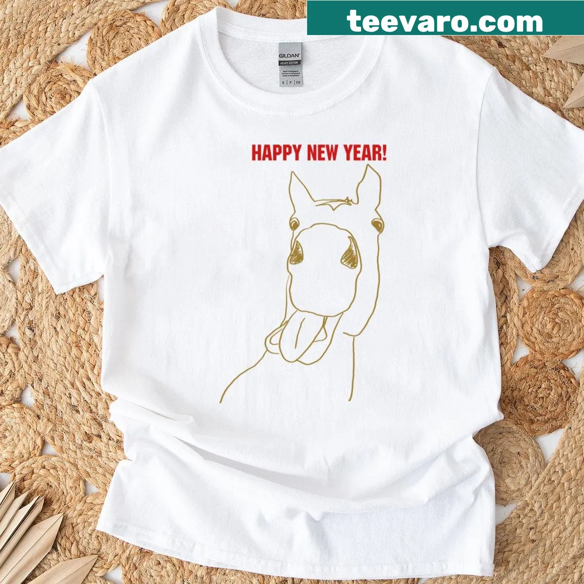 Hand-drawn line art of a horse on a New Year-themed T-shirt — on a men's t-shirt