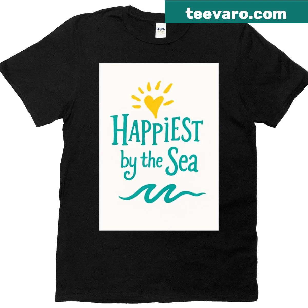 Typography design saying 'Happiest By The Sea' on a coastal-themed shirt. — on a men's t-shirt