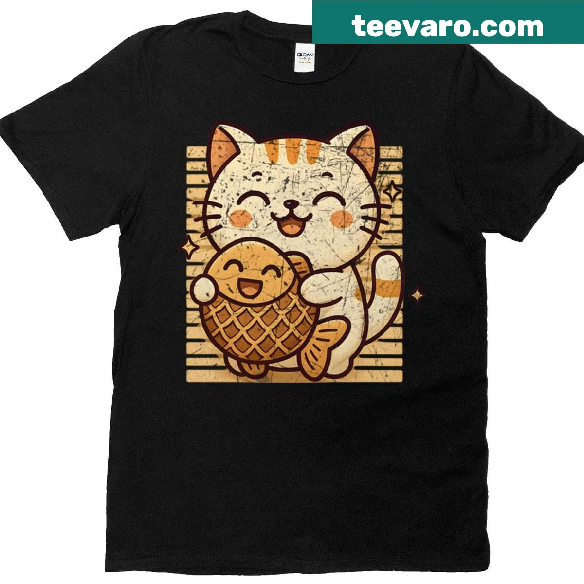 Illustration of a happy cat hugging a taiyaki fish on a T-shirt — on a men's t-shirt