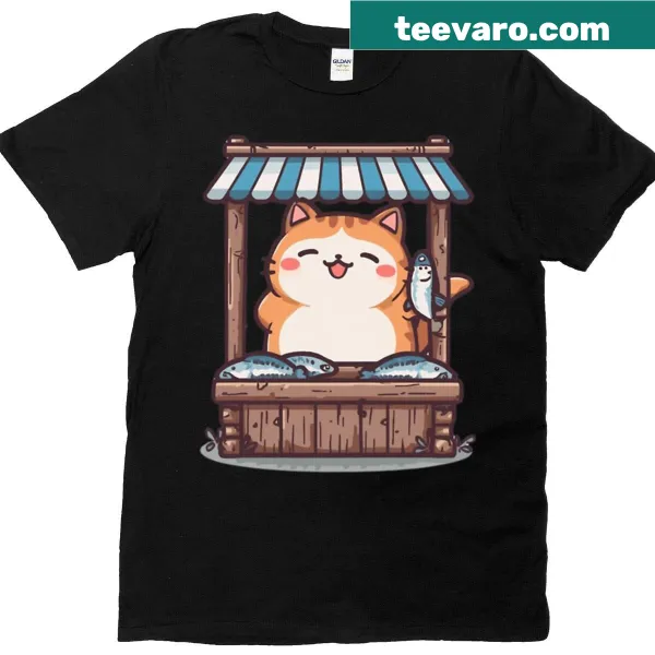 Kawaii cat vendor illustration with fish on a T-shirt